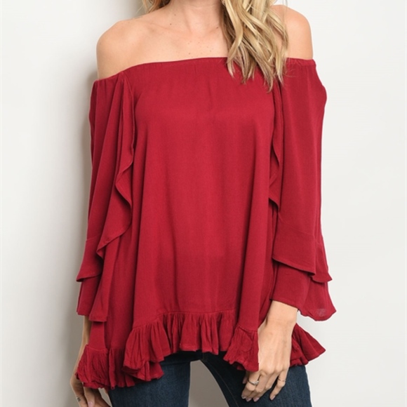1 left! RED WINE OFF SHOULDER KNIT TUNIC TOP - Picture 2 of 8